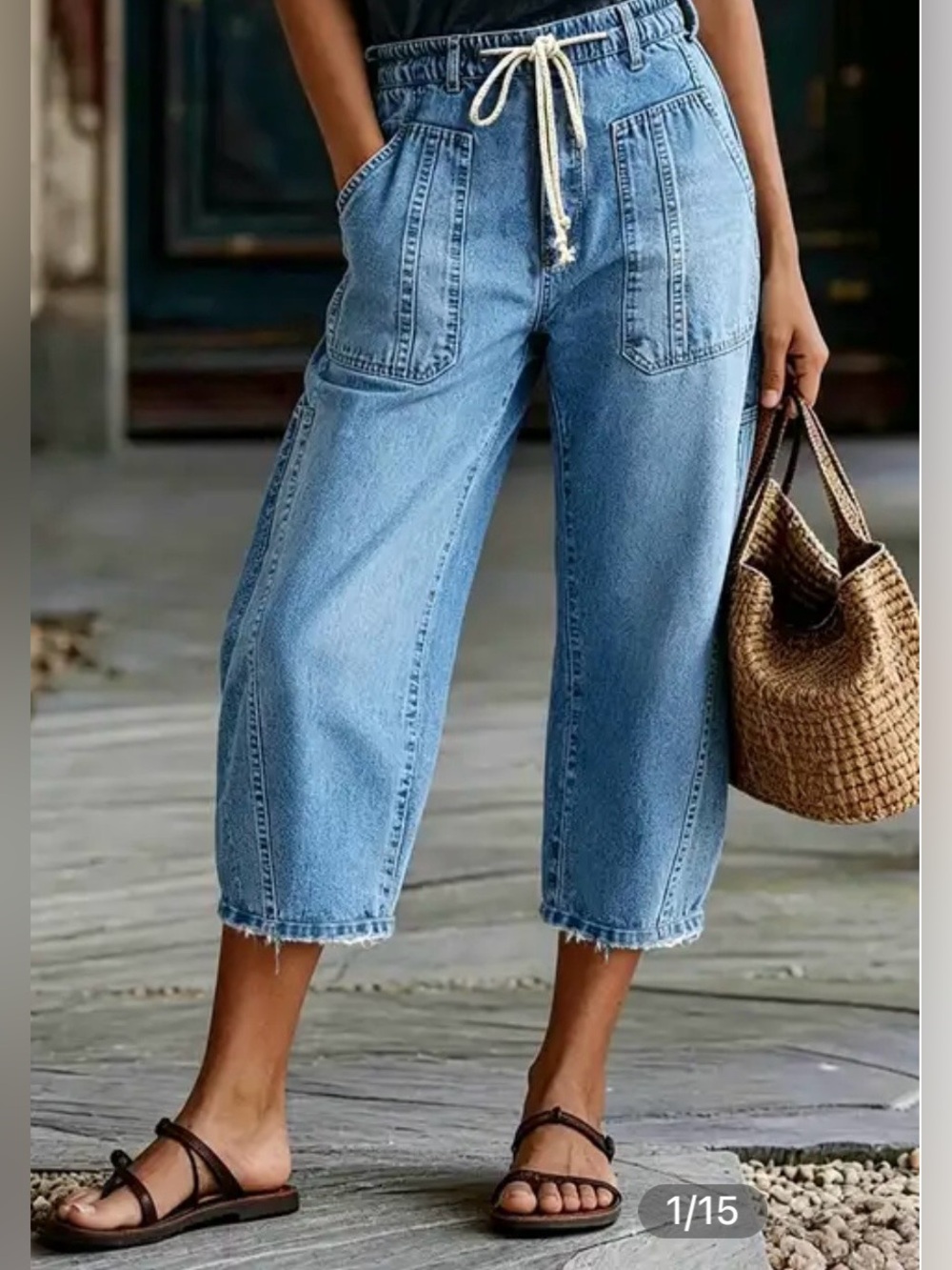 Flamingals Distressed Hem Drawstring Mid Waist Barrel Leg Capri Jeans